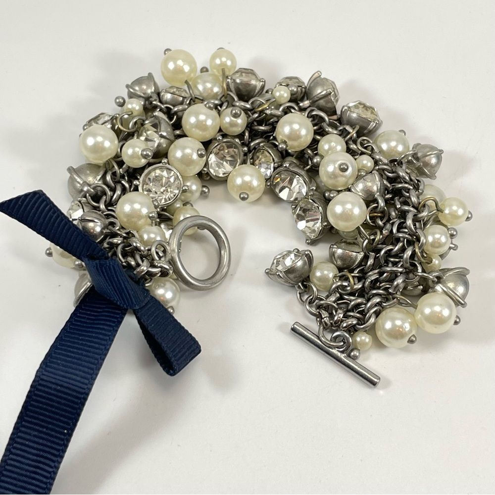 Glass Pearls White Rhinestone Silver Tone Chain Statement Bracelet Fashion Boho